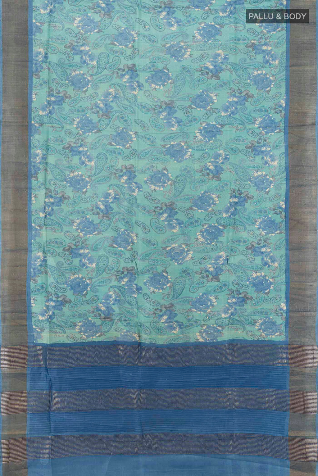 Flat view of Sky Blue Tussar Silk Saree with Floral Print on the body and Silk Border. 