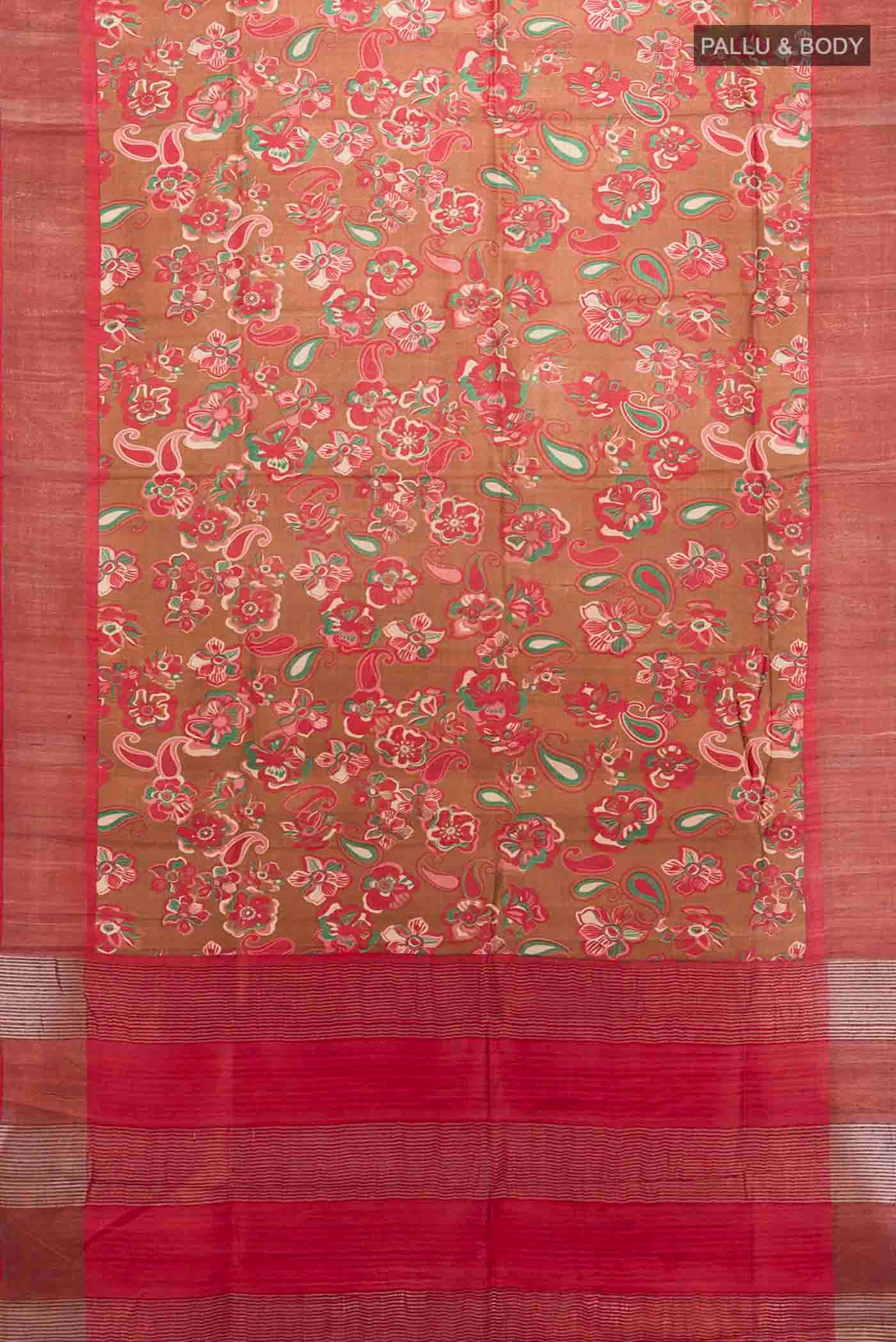 Flat view of Brown Tussar Silk Saree with Zari Butta on the body and Silk Border