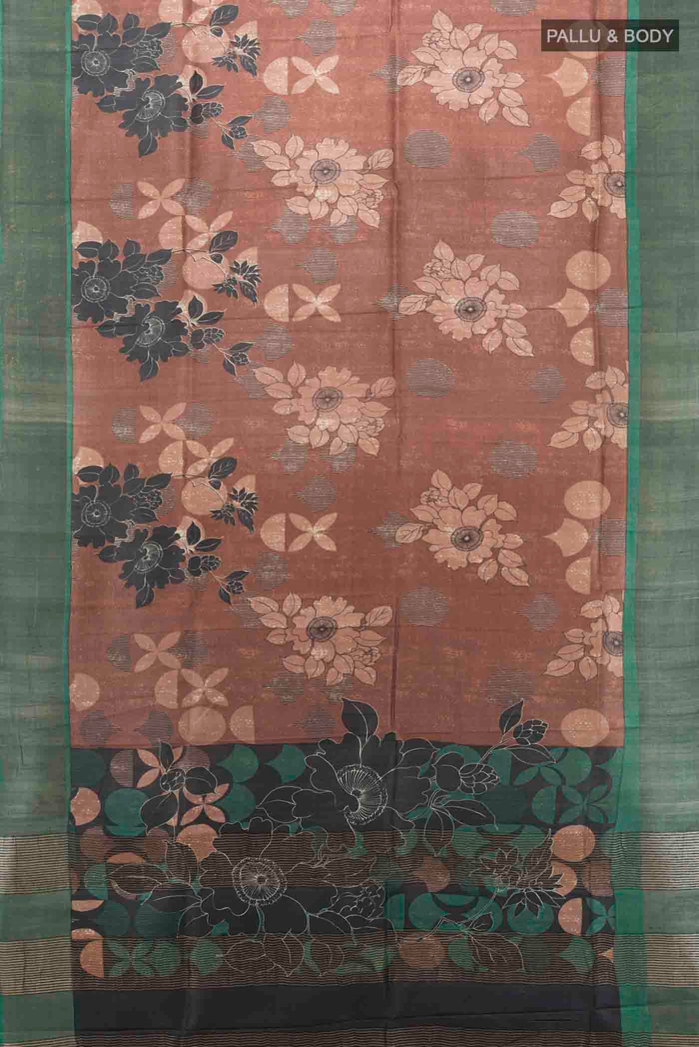 Flat view of Coffee Brown Tussar Silk Saree with Zari Butta on the body and Silk Border