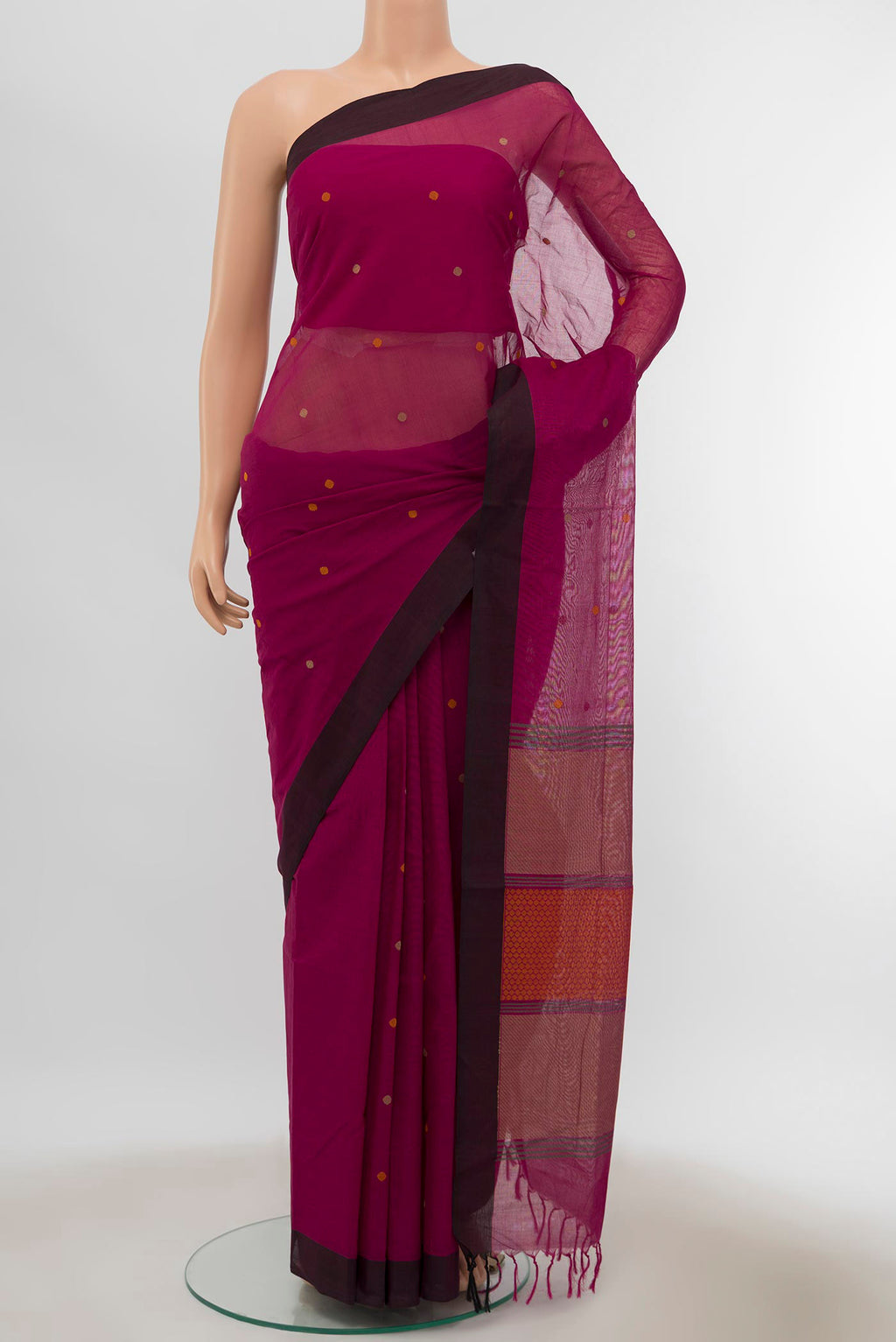 Purple Coimbatore Cotton Saree with Thread Butta on the body and Thread Border displayed on a mannequin
