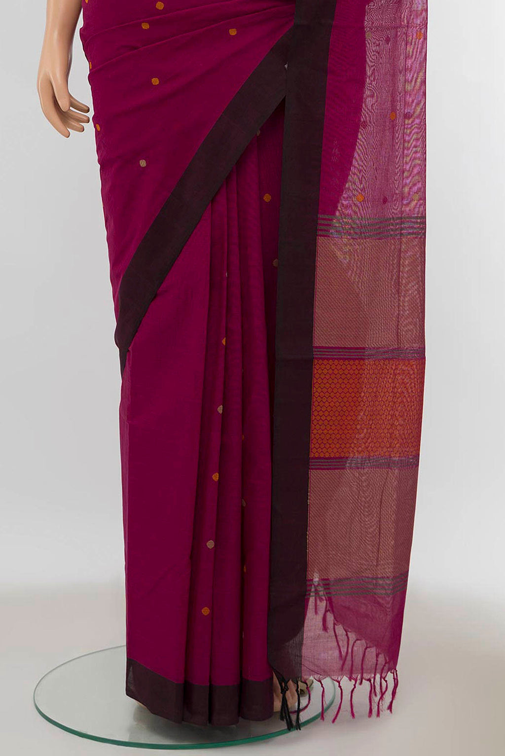 Pleats and pallu of Purple Coimbatore Cotton Saree with Thread Butta on the body and Thread Border
