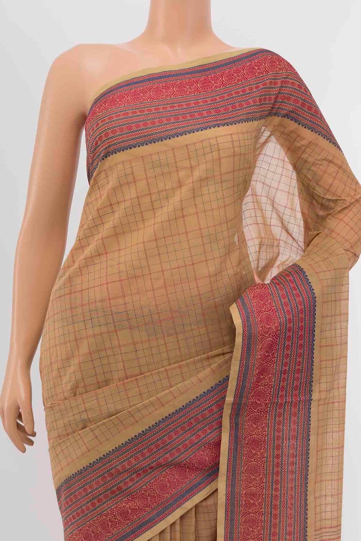 Border image of Beige Chettinad Cotton Saree with Thread Butta on the body and Thread Border