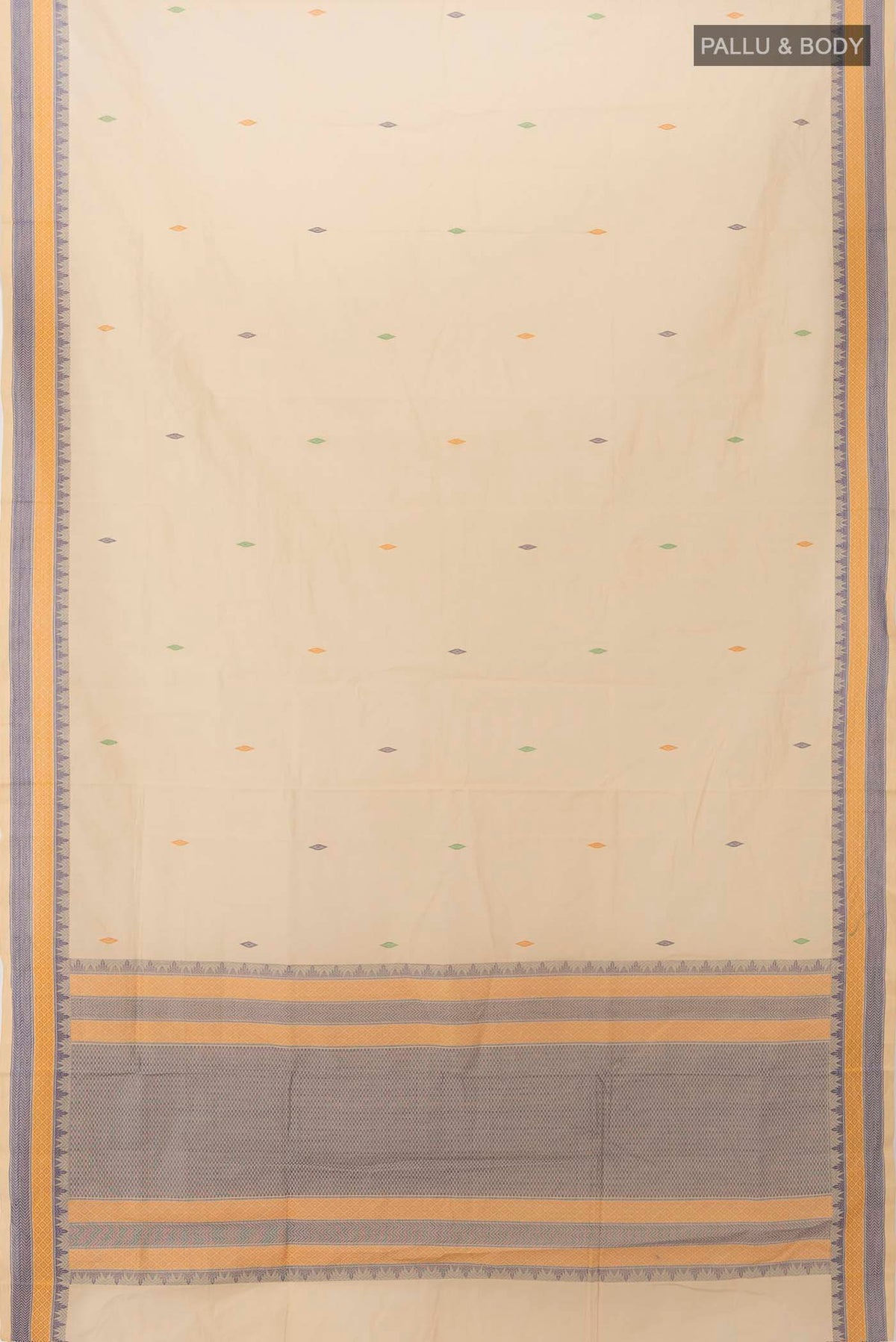 Flat view of Beige Coimbatore Cotton Saree with Thread Butta on the body and Thread Border