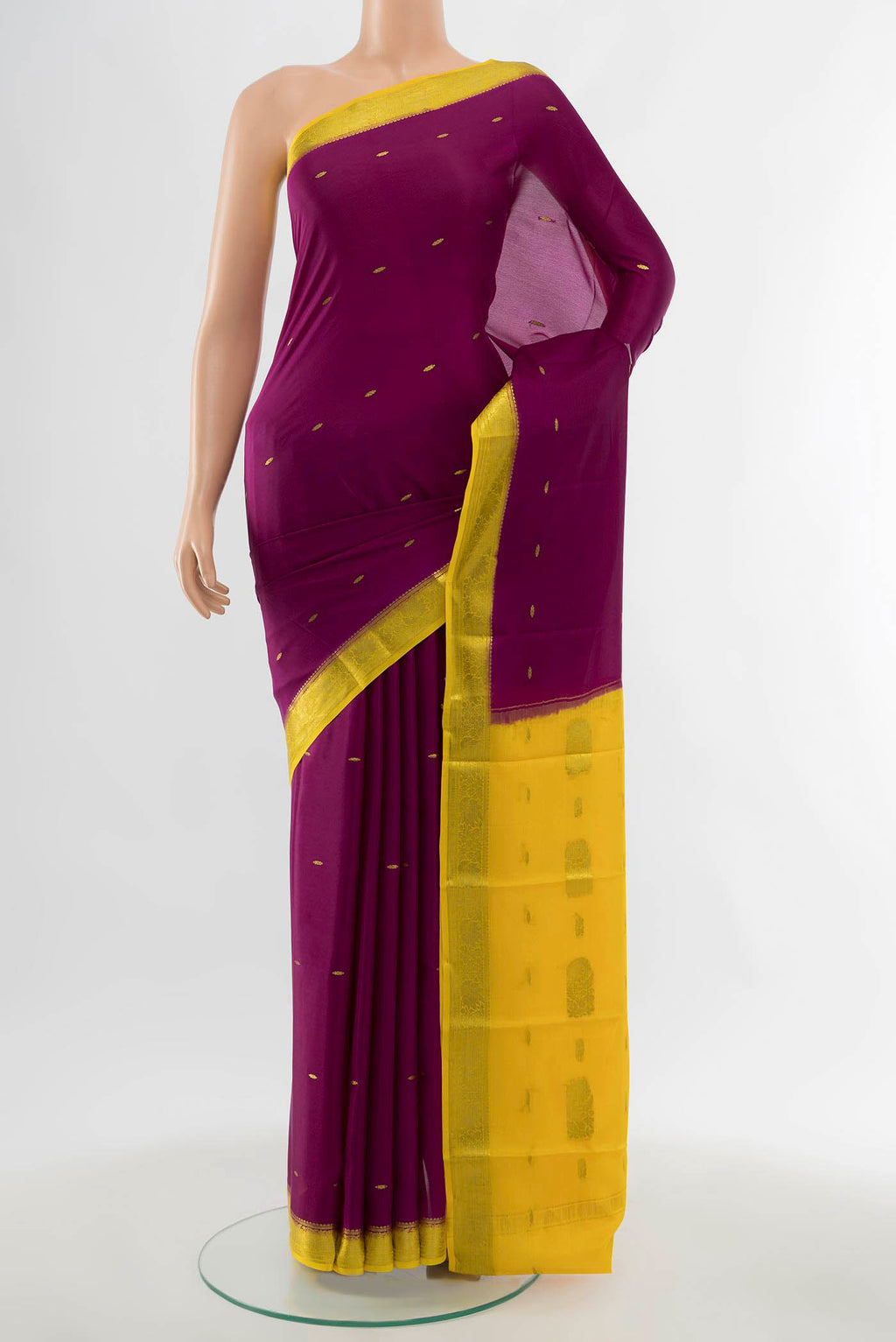Purple Mysore Crepe Saree with Zari Butta on the body and Silk Border displayed on a mannequin