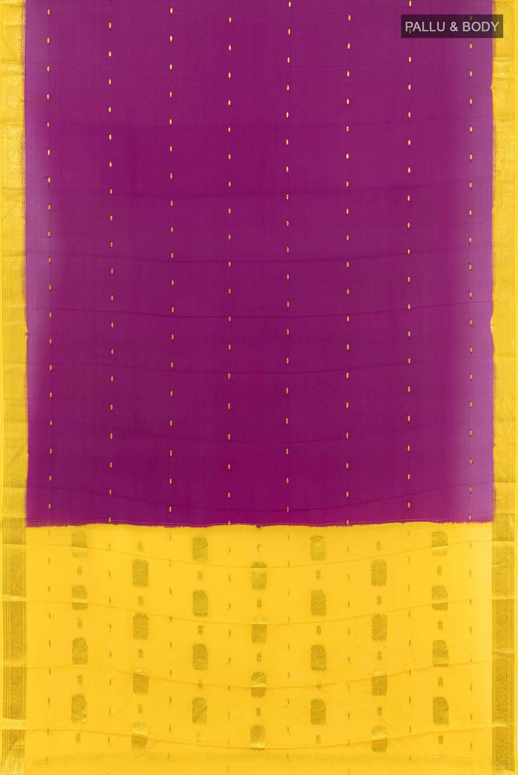 Flat view of Purple Mysore Crepe Saree with Zari Butta on the body and Silk Border
