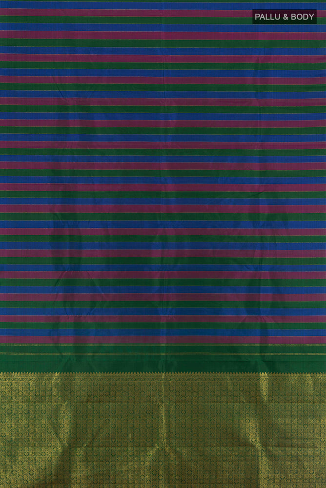 Flat view of Multi Color Kanjivaram Silk Saree with Zari Butta on the body and Silk Border. 