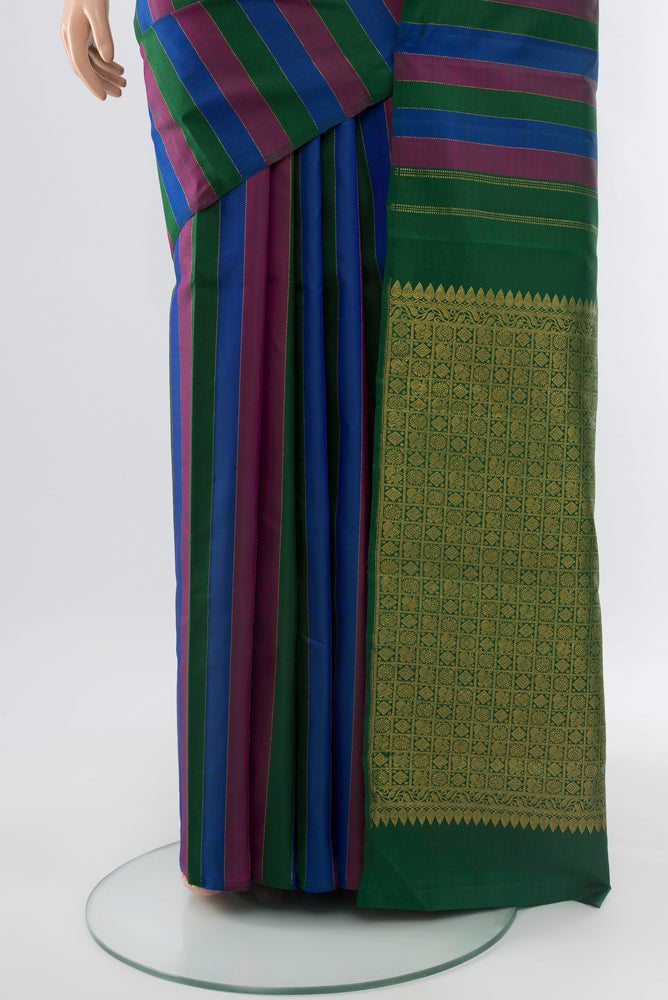 Pleats and pallu of Multi Color Kanjivaram Silk Saree with Zari Butta on the body and Silk Border. 