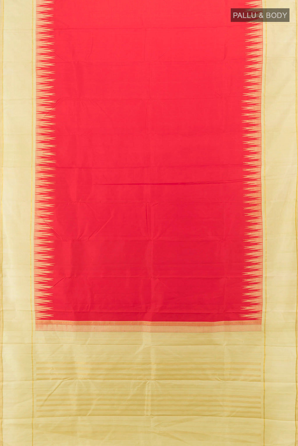 Flat view of Red Kanjivaram Silk Saree with Zari Butta on the body and Zari Border. 