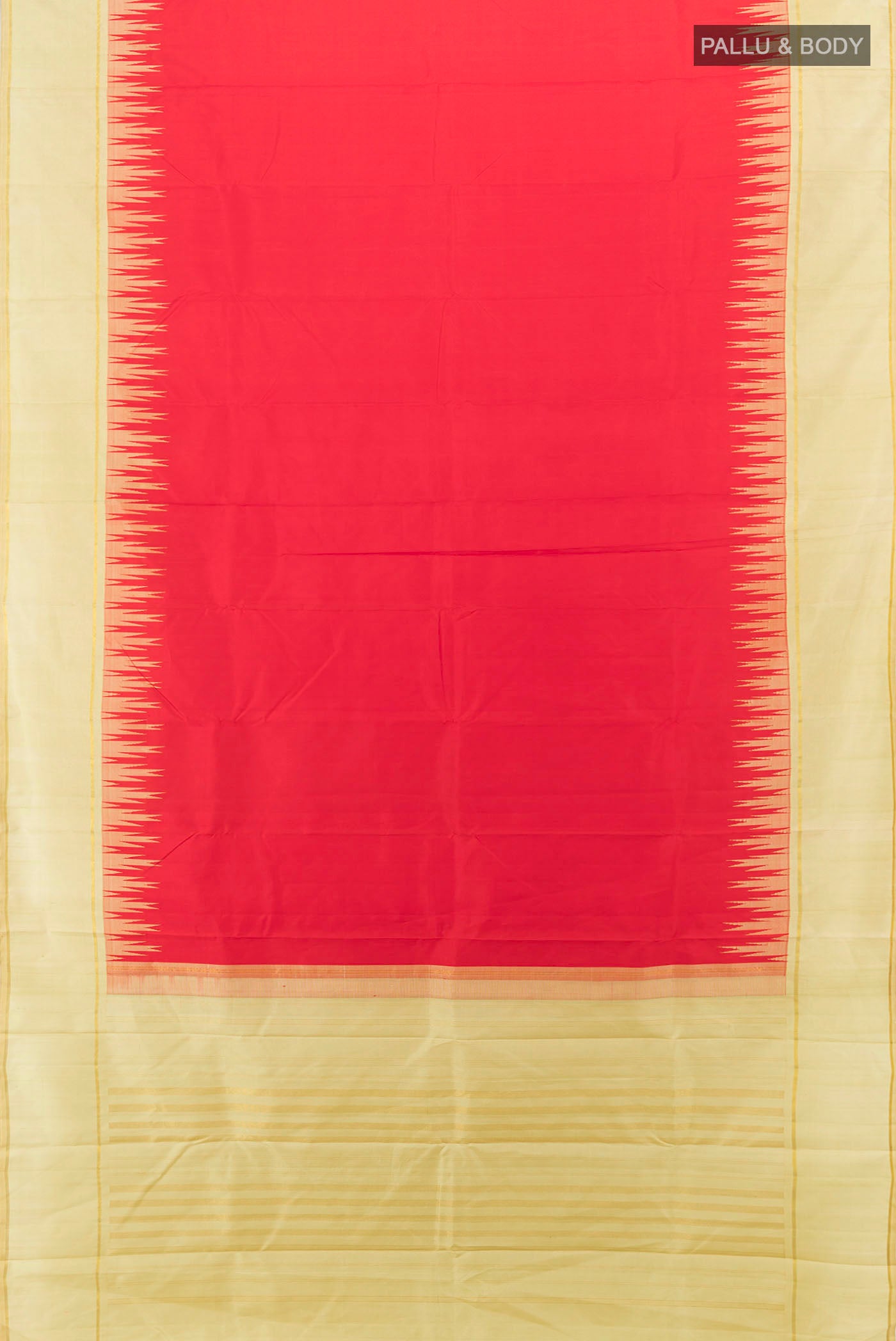 Flat view of Red Kanjivaram Silk Saree with Zari Butta on the body and Zari Border. 