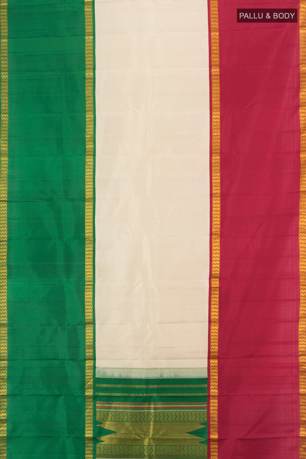 Flat view of Cream Kanjivaram Silk Saree with Plain Body and Ganga Jamuna Border. 