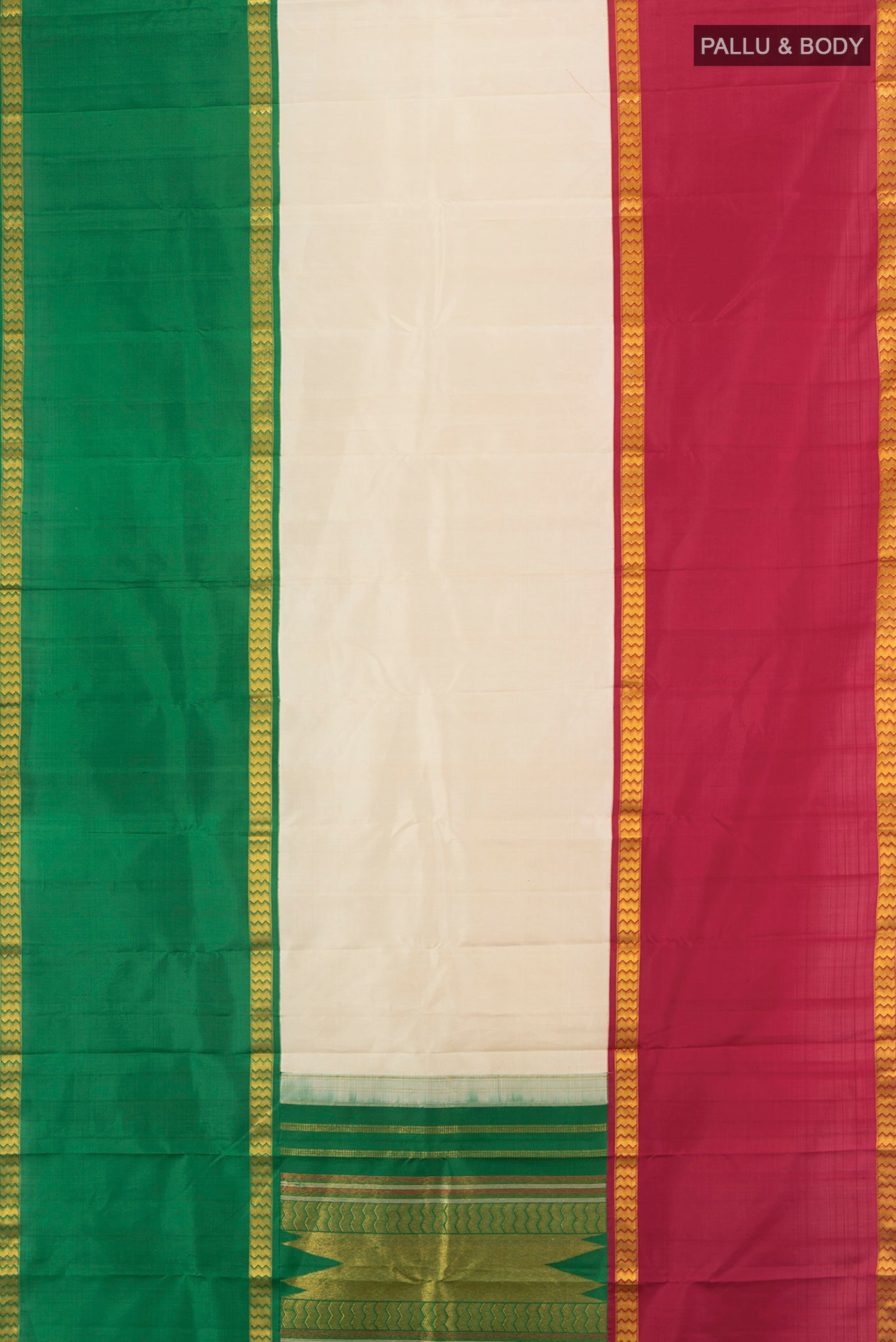 Flat view of Cream Kanjivaram Silk Saree with Plain Body and Ganga Jamuna Border. 