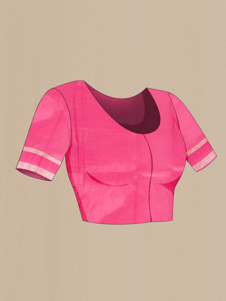 Close up image of the blouse of Light Blue Tussar Silk Saree with Zari Butta on the body and Silk Border. 