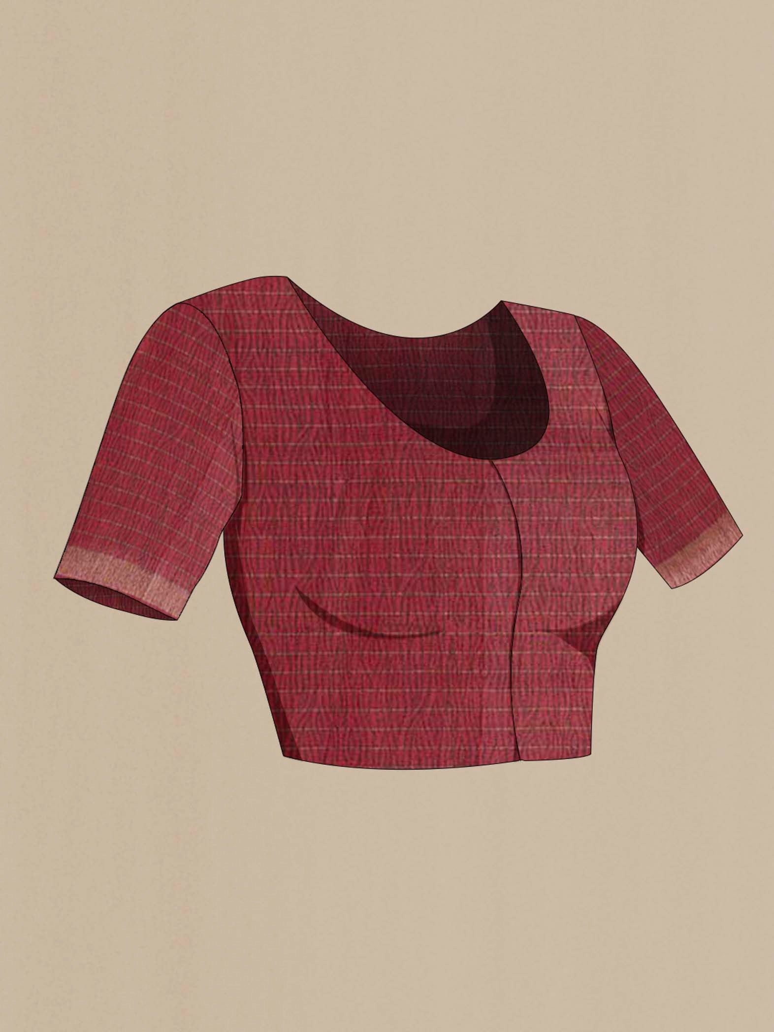 Close up image of the blouse of Mustard Tussar Silk Saree with Floral Print on the body and Zari Border