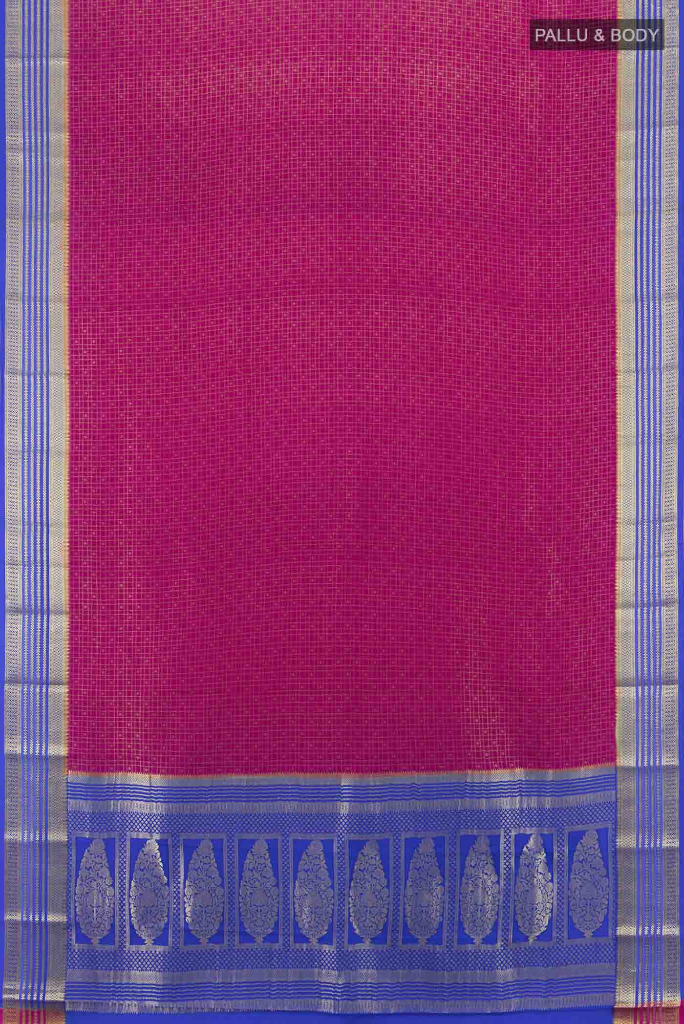 Flat view of Magenta Mysore Crepe Saree with Zari Butta on the body and Silk Border. 