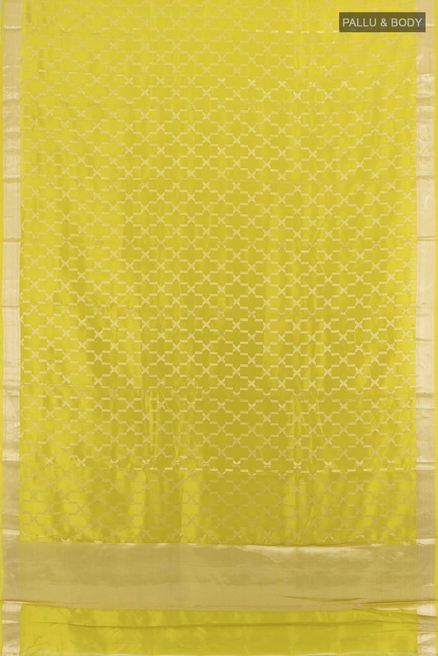 Flat view of Light Green Banarasi Katan Silk Saree with Zari Butta on the body and Silk Border. 