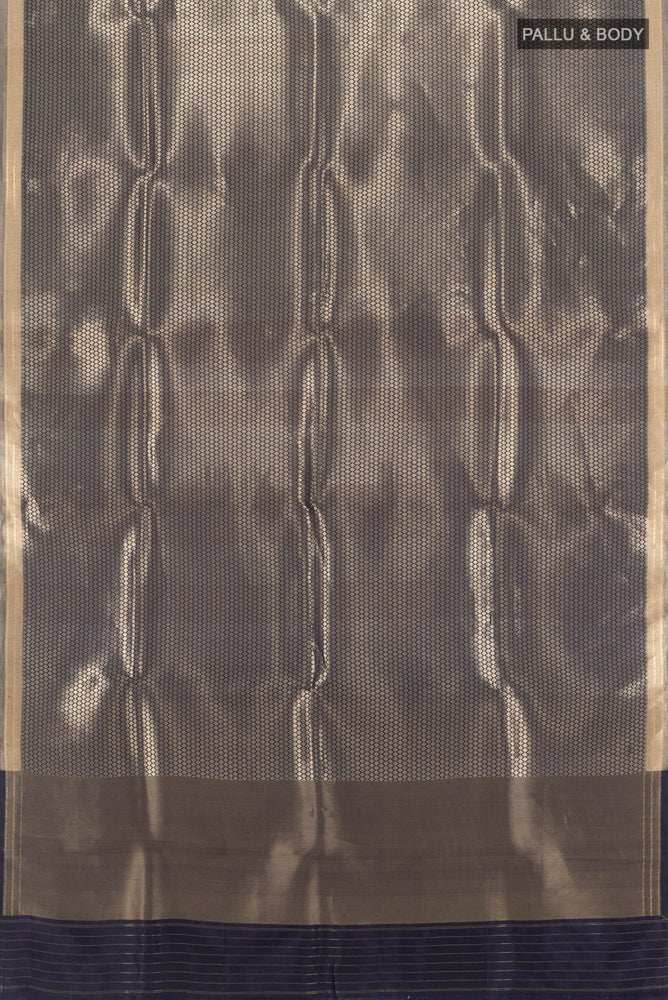 Flat view of Navy Blue Banarasi Katan Silk Saree with Zari Butta on the body and Silk Border. 