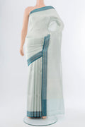 Silver Banarasi Katan Silk Saree with Zari Butta on the body and Silk Border.  displayed on a mannequin