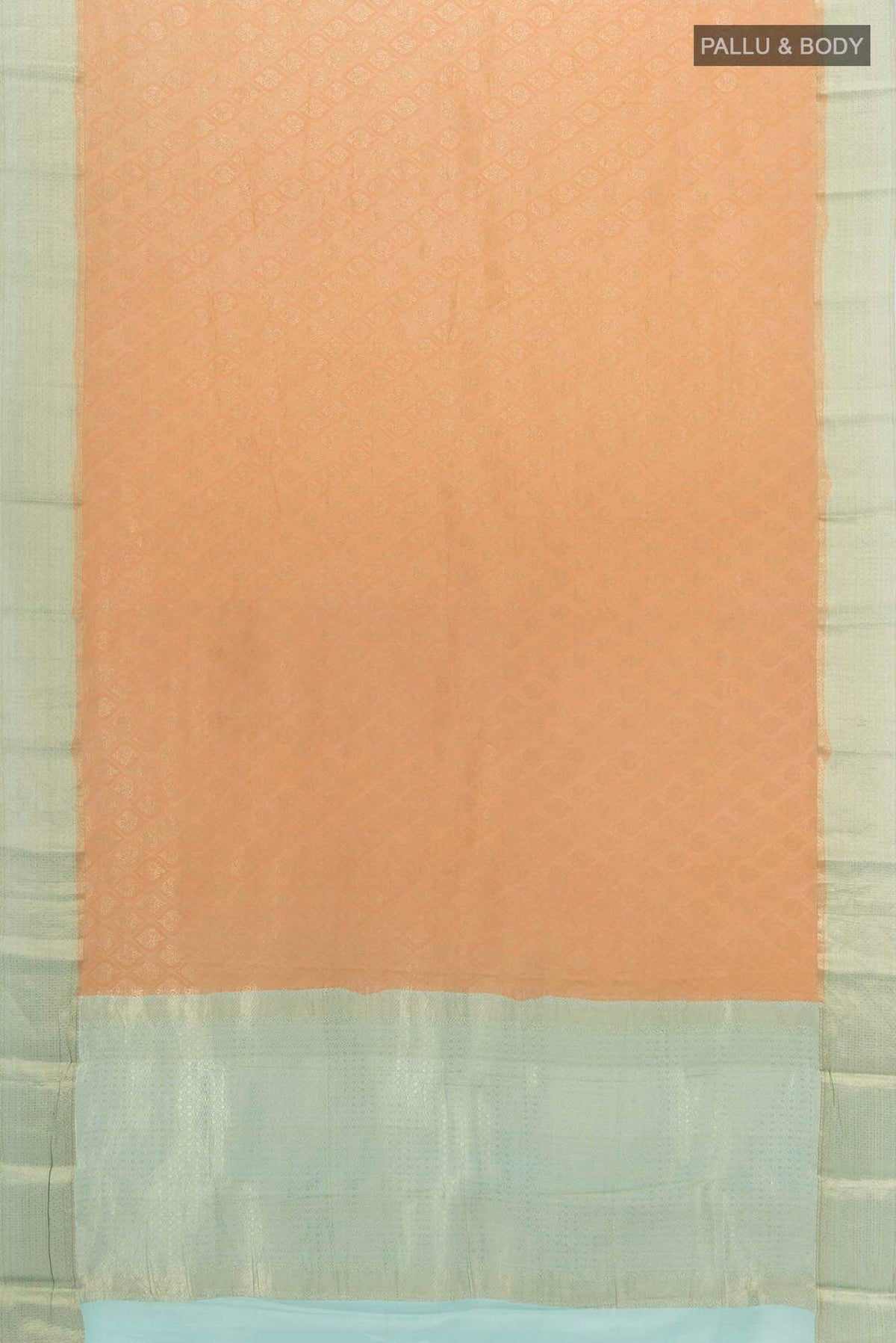 Flat view of Peach Mysore Crepe Saree with Zari Butta on the body and Fancy Border
