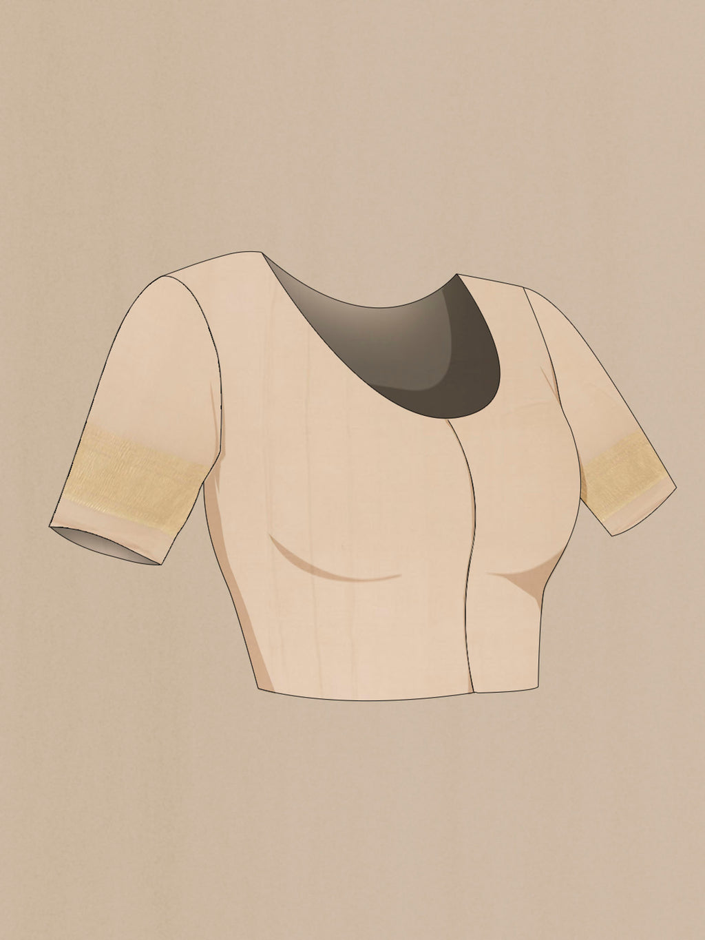 Close up image of the blouse of Beige Mysore Crepe Saree with Zari Butta on the body and Silk Border