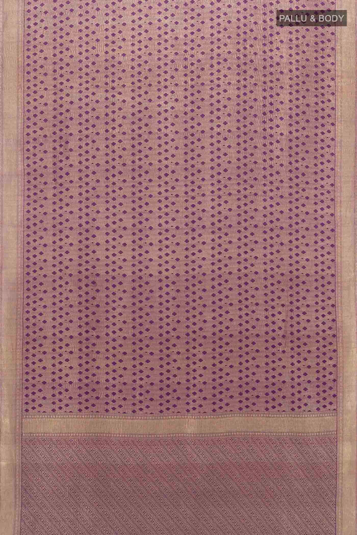 Flat view of Violet Mysore Crepe Saree with Zari Brocade on the body and Zari Border