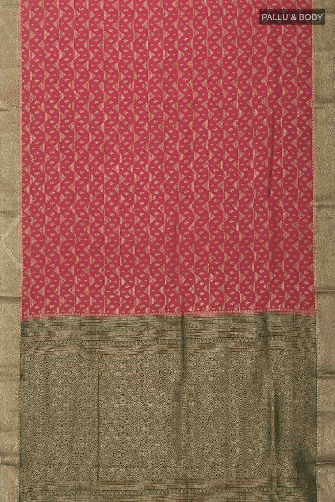 Flat view of Maroon Mysore Crepe Saree with Zari Brocade on the body and Zari Border