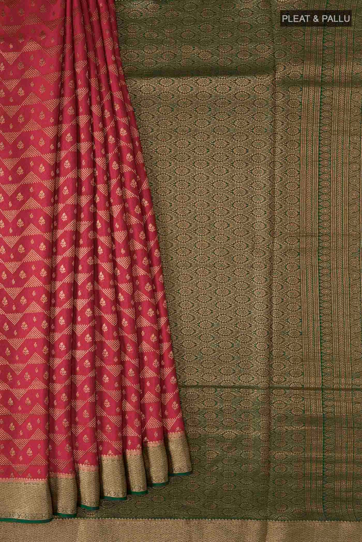 Pleats and pallu of Maroon Mysore Crepe Saree with Zari Brocade on the body and Zari Border