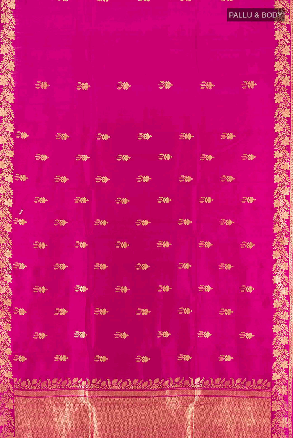 Flat view of Magenta Banarasi Katan Silk Saree with Zari Butta on the body and Zari Border