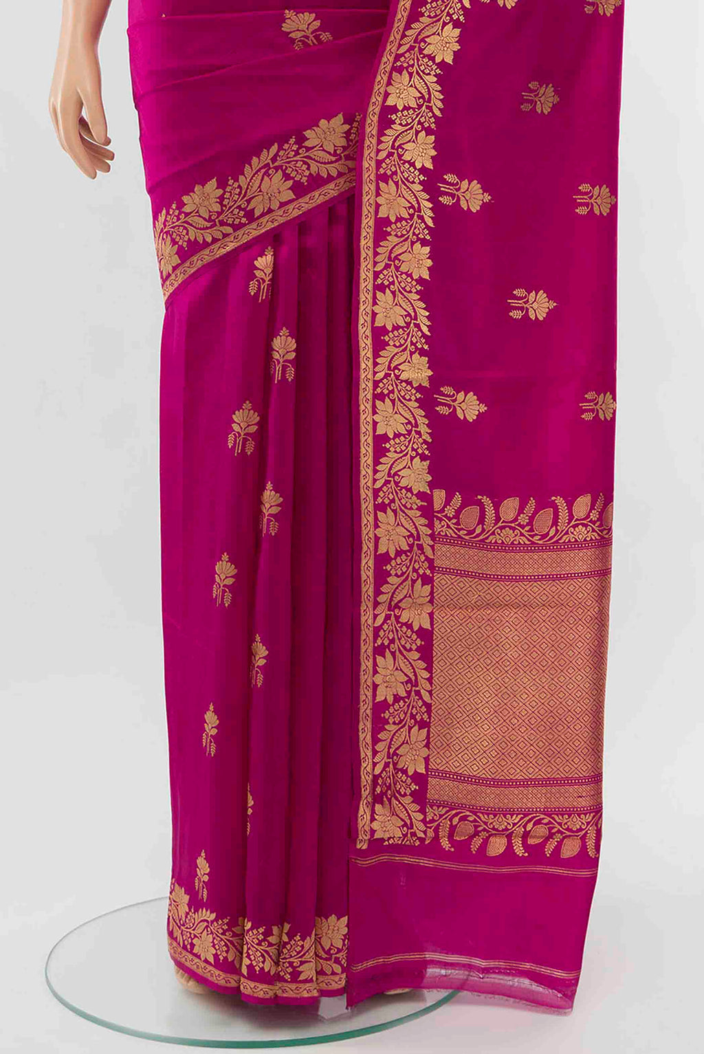 Pleats and pallu of Magenta Banarasi Katan Silk Saree with Zari Butta on the body and Zari Border