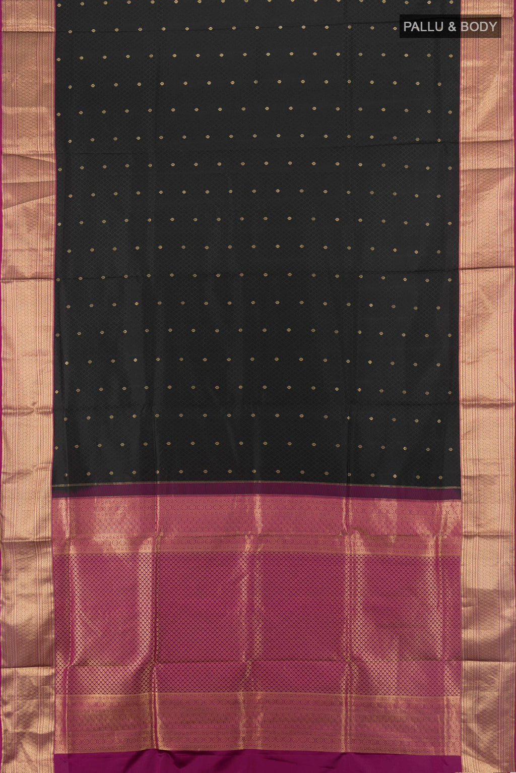 Flat view of Pure Silk Black Soft Saree with Jacquard design on the body and Zari Border. 