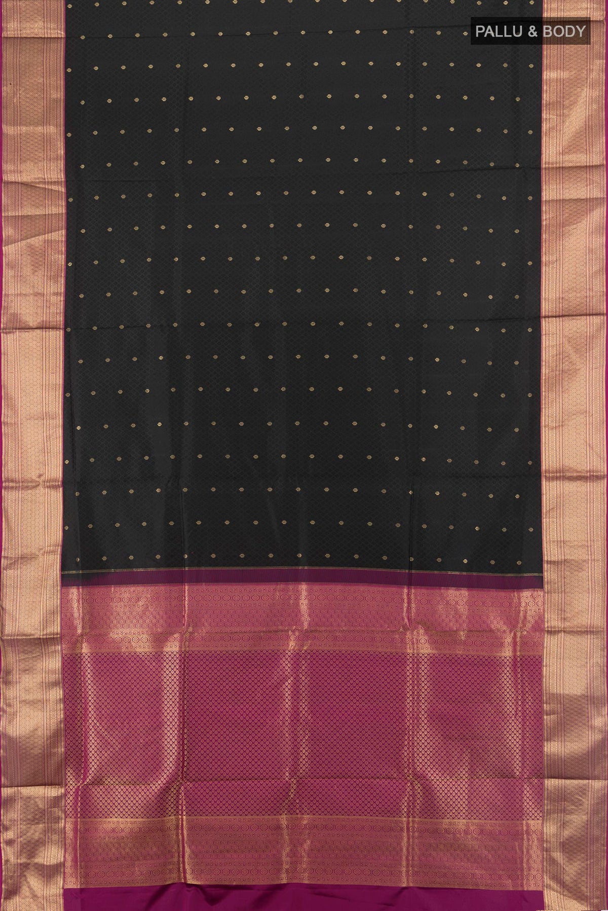 Flat view of Pure Silk Black Soft Saree with Jacquard design on the body and Zari Border. 