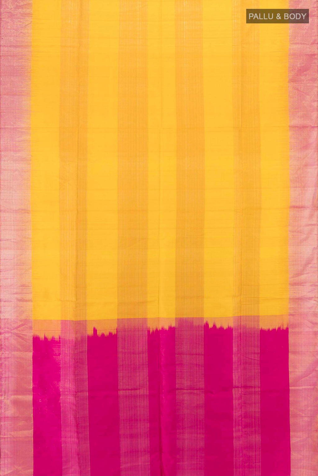 Flat view of Mustard Soft Silk Saree with Zari Butta on the body and Silk Border