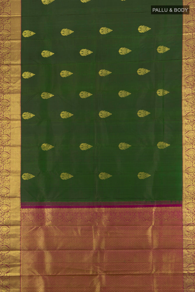 Flat view of Mint Green Kanchipuram Silk Saree with Zari Butta on the body and Silk Border. 