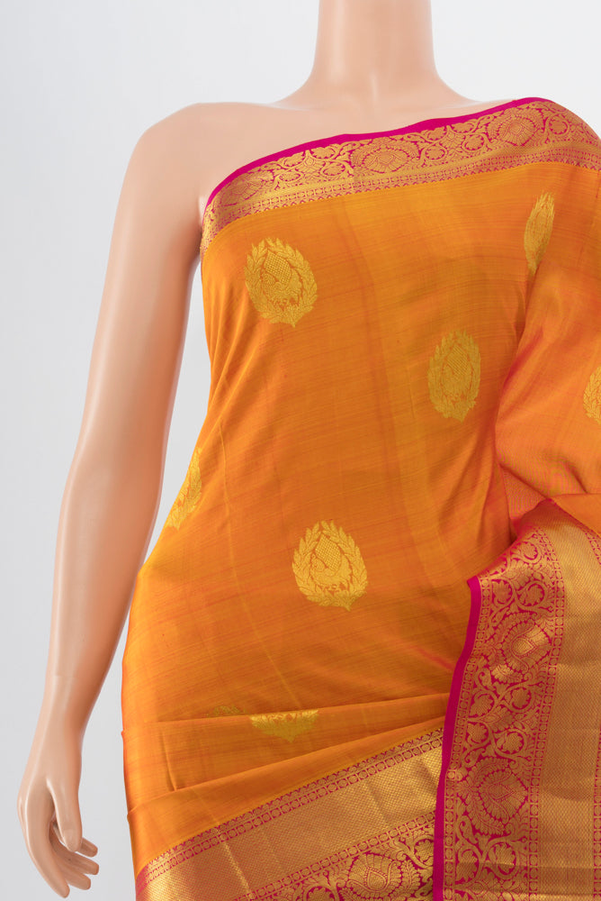 Border image of Yellow Kanchipuram Silk Saree with Zari Butta on the body and Silk Border. 