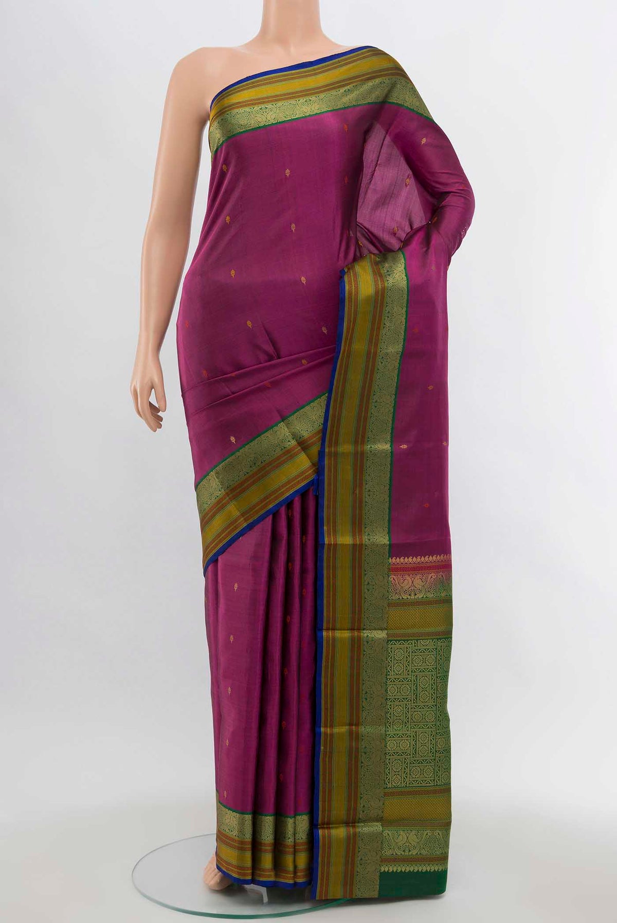 Magenta Soft Silk Saree with Zari Butta on the body and Silk Border displayed on a mannequin