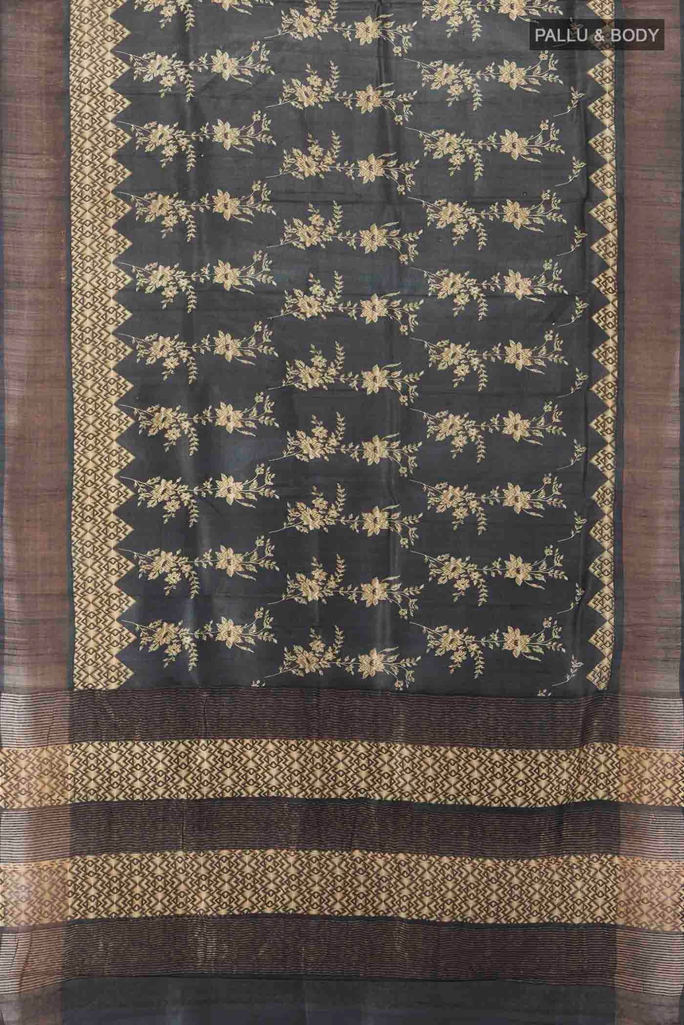 Flat view of Grey Tussar Silk Saree with Floral Print on the body and Silk Border