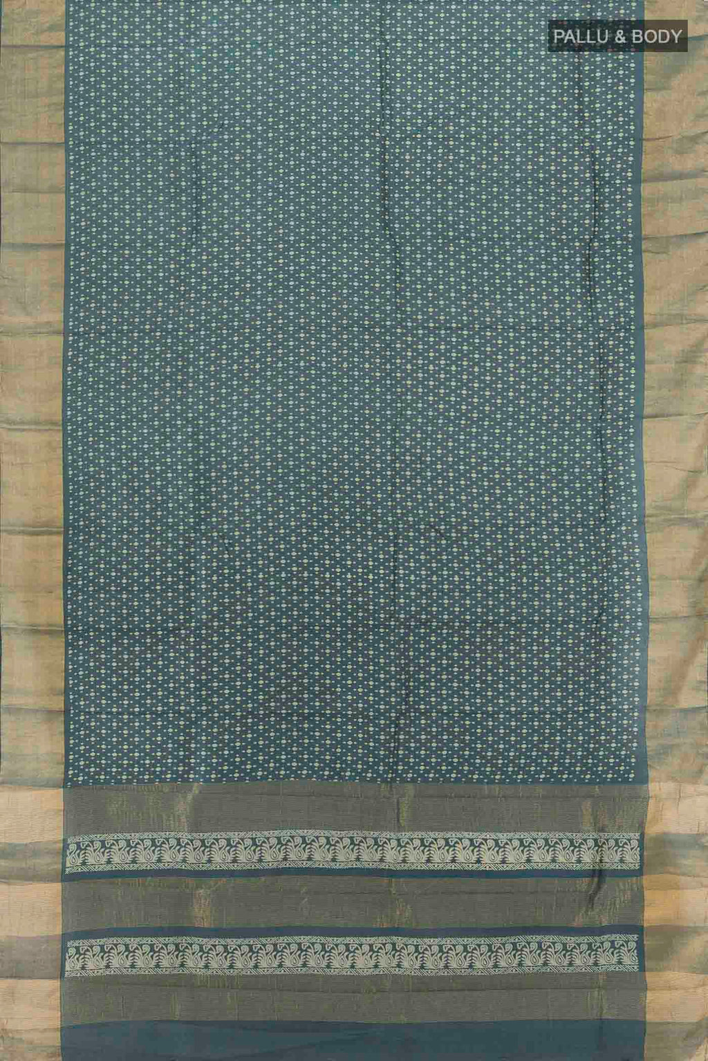 Flat view of Navy Blue Tussar Silk Saree with Floral Print on the body and Silk Border. 