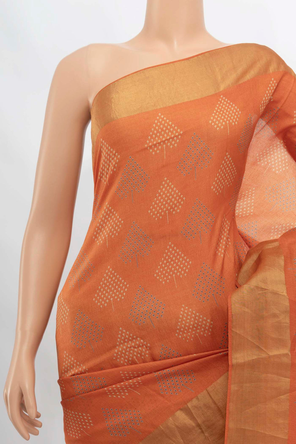 Border image of Orange Tussar Silk Saree with Zari Butta on the body and Silk Border. 