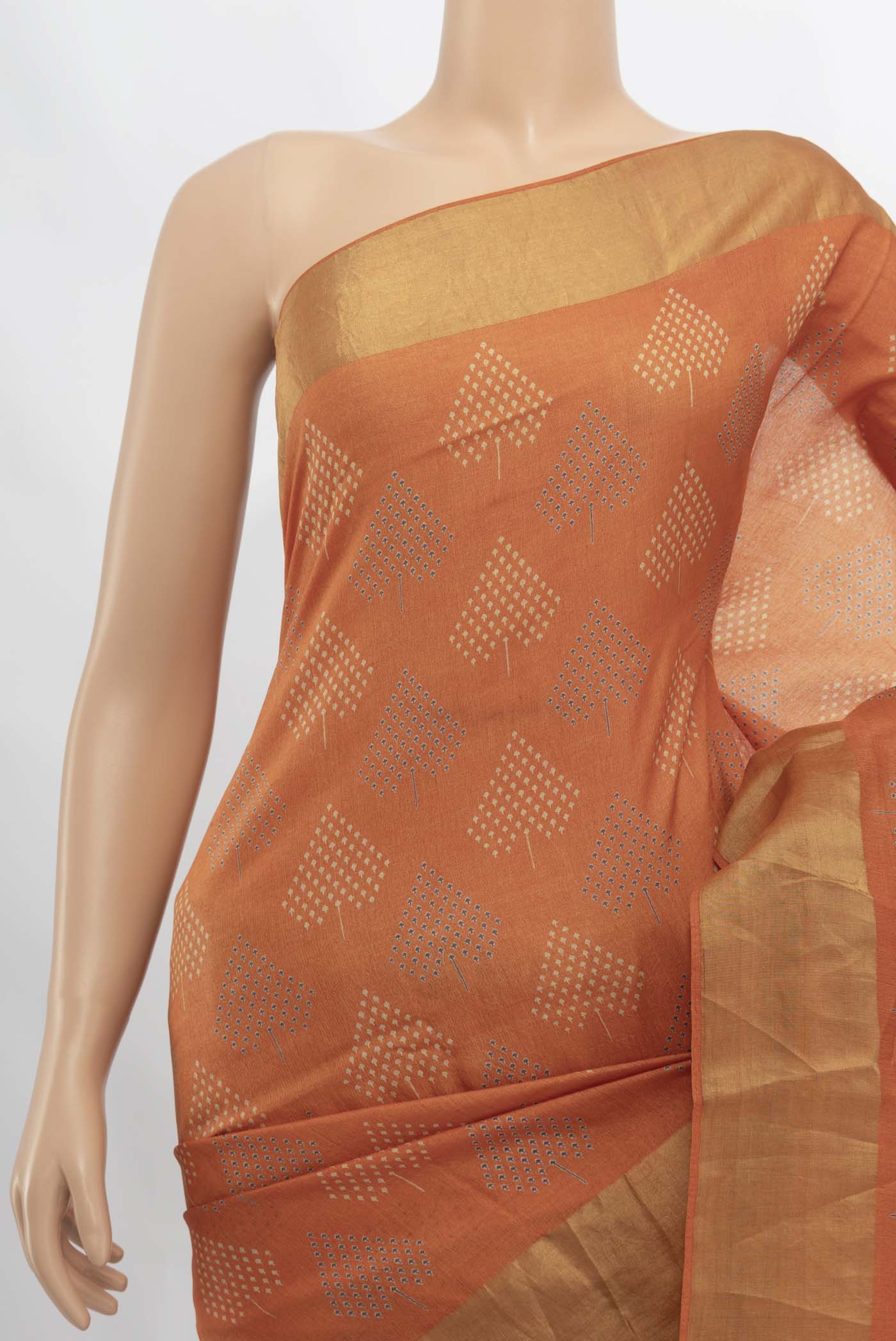 Border image of Orange Tussar Silk Saree with Zari Butta on the body and Silk Border. 