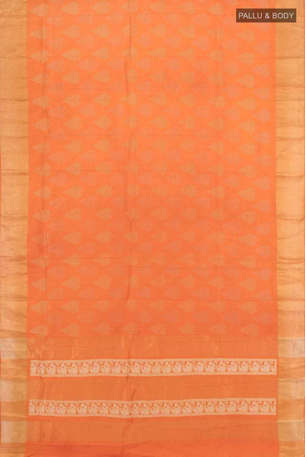 Flat view of Orange Tussar Silk Saree with Zari Butta on the body and Silk Border. 