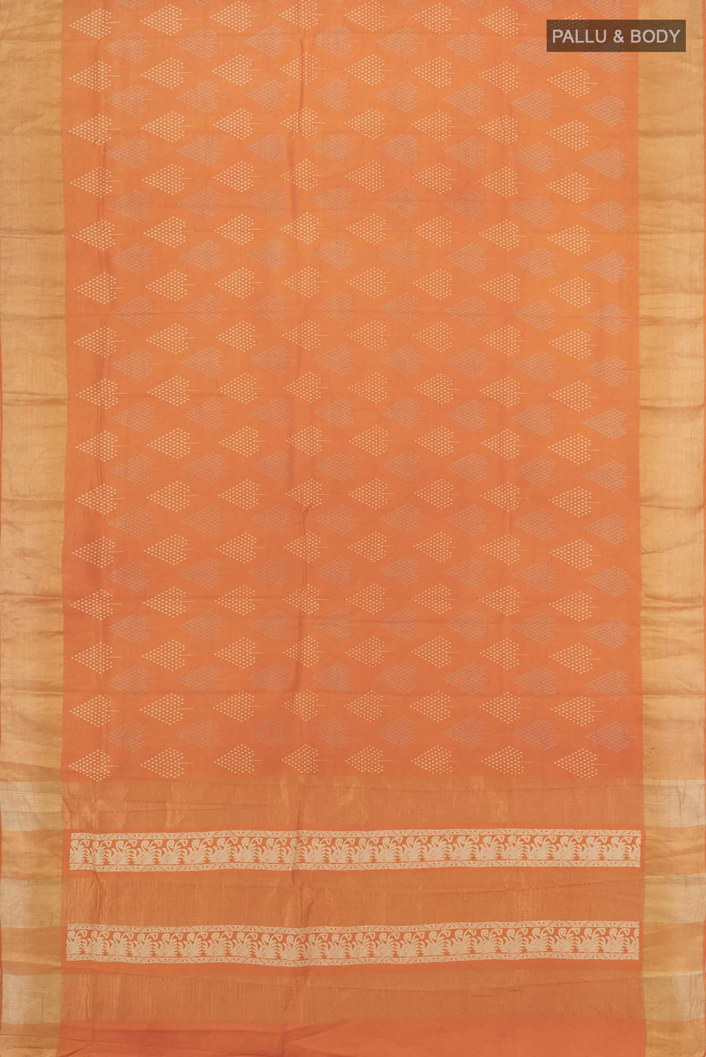 Flat view of Orange Tussar Silk Saree with Zari Butta on the body and Silk Border. 