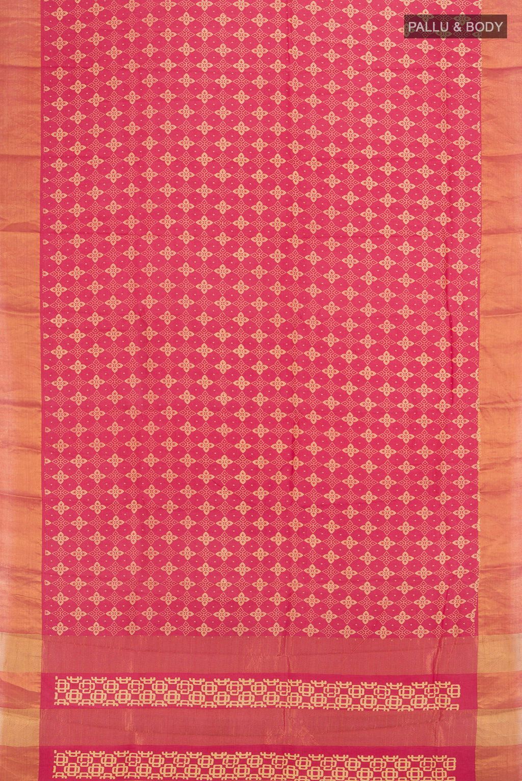 Flat view of Pink Tussar Silk Saree with Floral Print on the body and Zari Border. 
