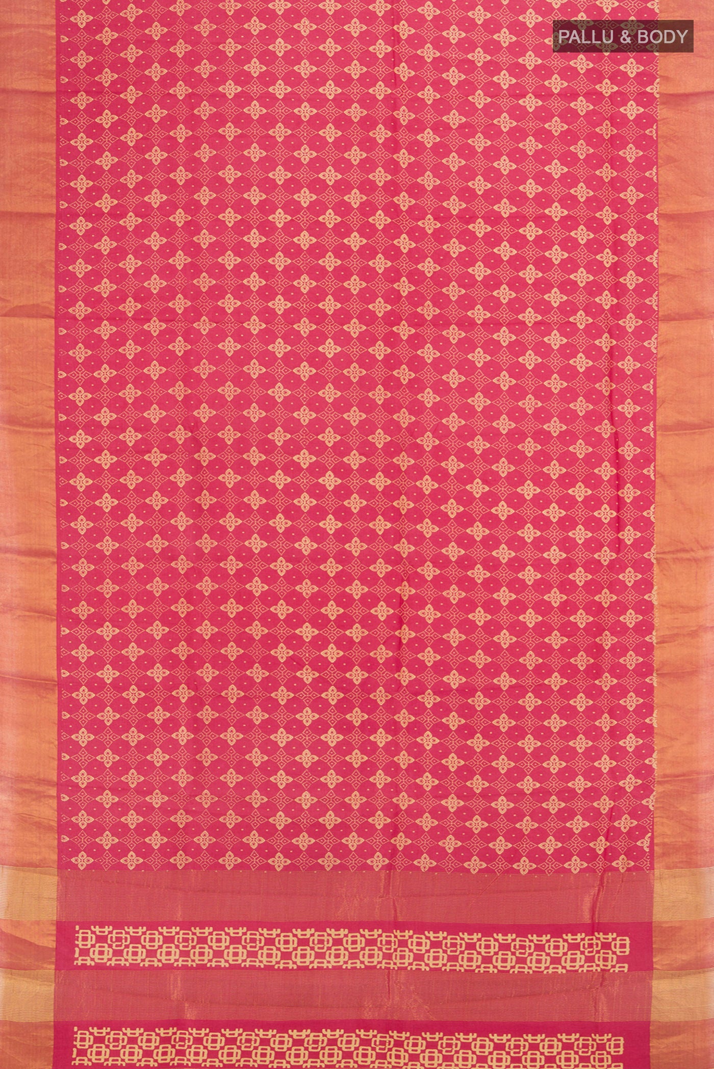 Flat view of Pink Tussar Silk Saree with Floral Print on the body and Zari Border. 