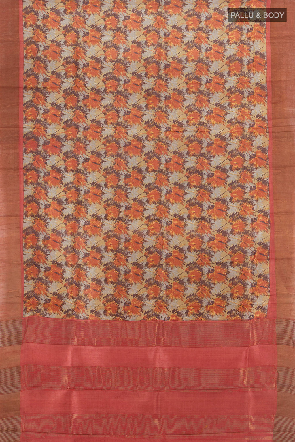 Flat view of Beige Tussar Silk Saree with Floral Print on the body and Zari Border. 