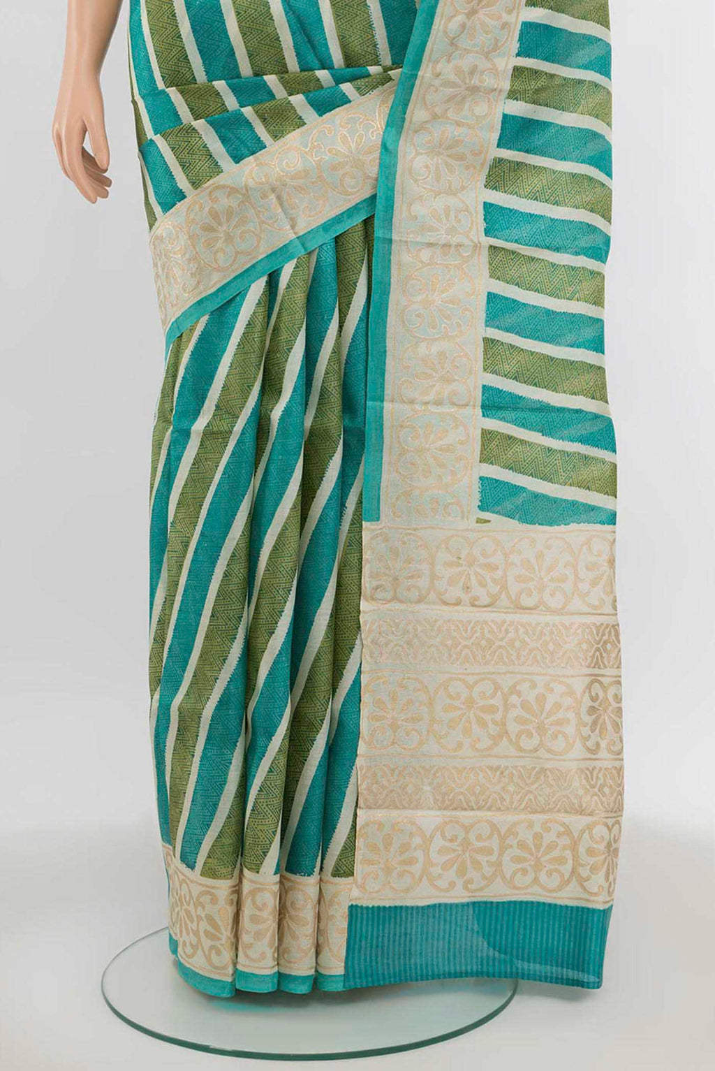 Pleats and pallu of Multi Color Tussar Silk Saree with Floral Print on the body and Silk Border. 