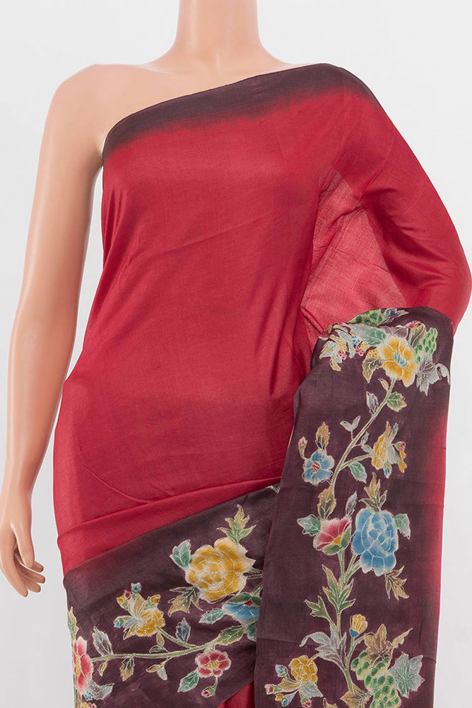 Border image of Maroon Tussar Silk Saree with Floral Print on the body and Silk Border. 