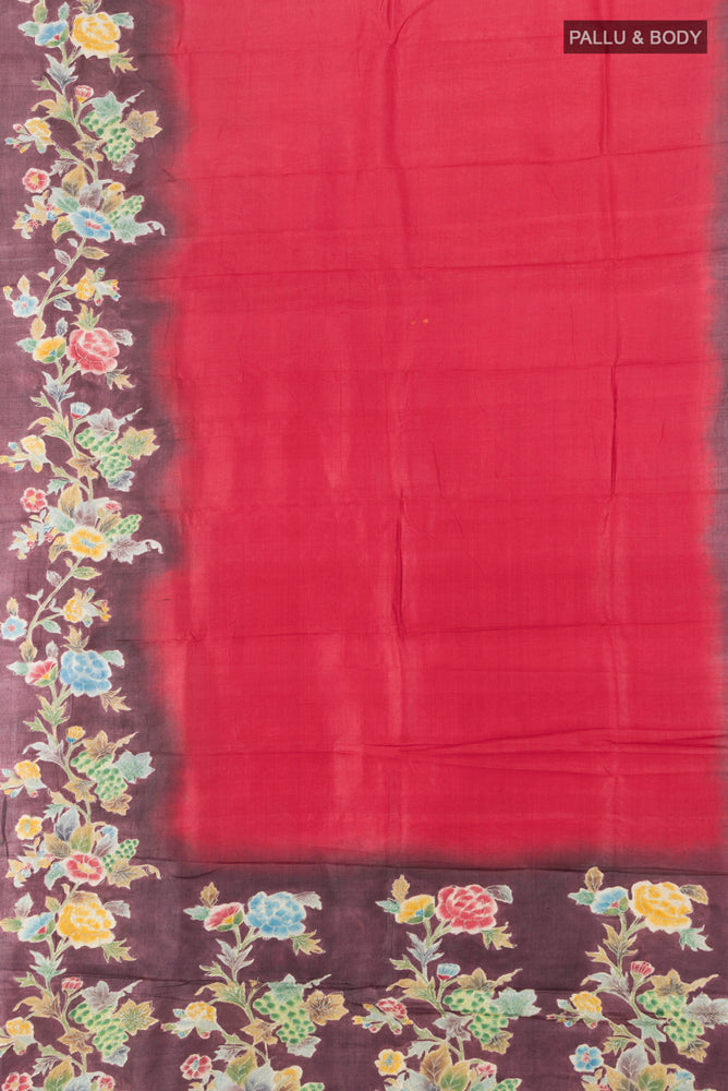 Flat view of Maroon Tussar Silk Saree with Floral Print on the body and Silk Border. 