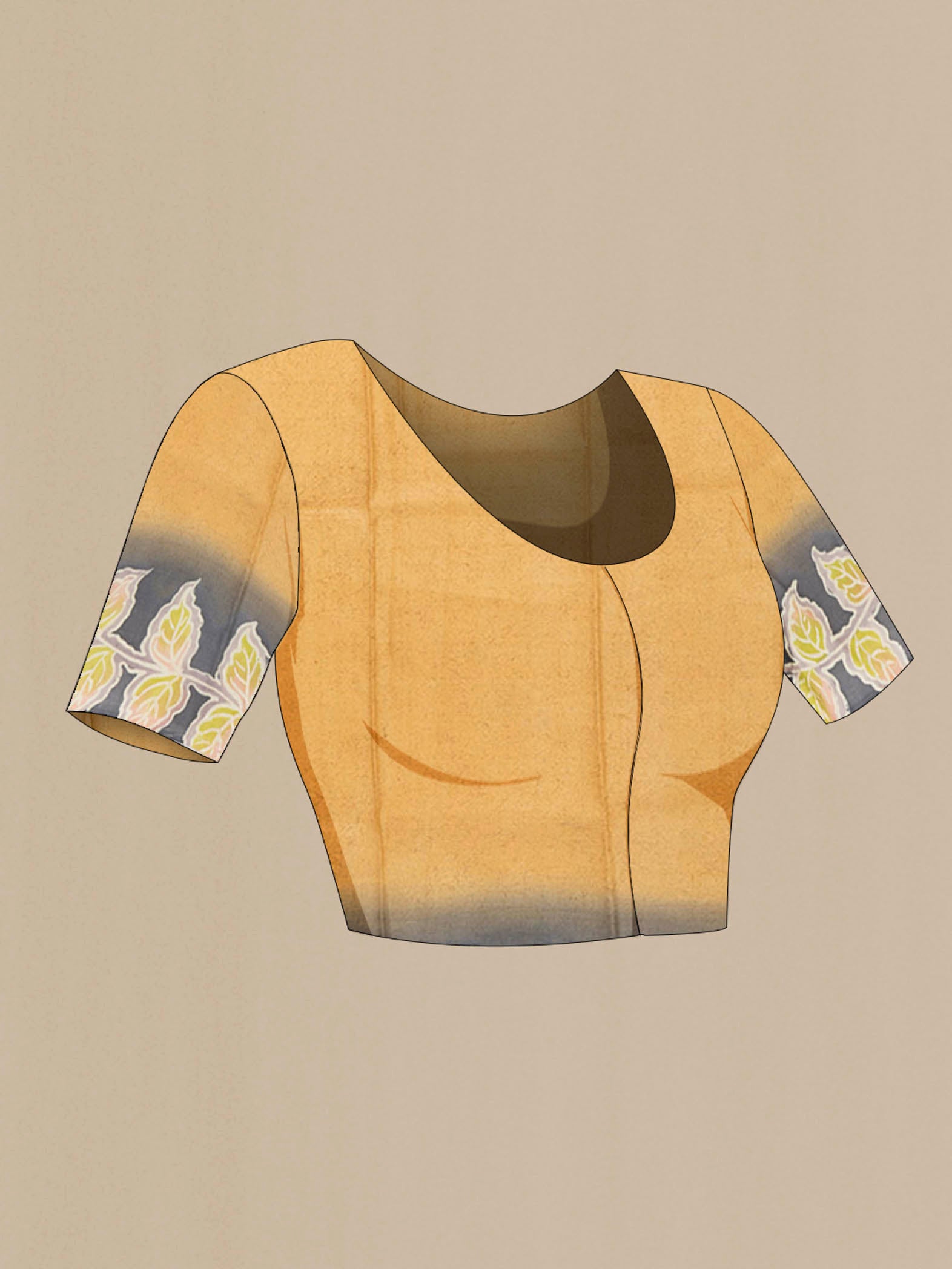 Close up image of the blouse of Beige Tussar Silk Saree with Floral Print on the body and Silk Border