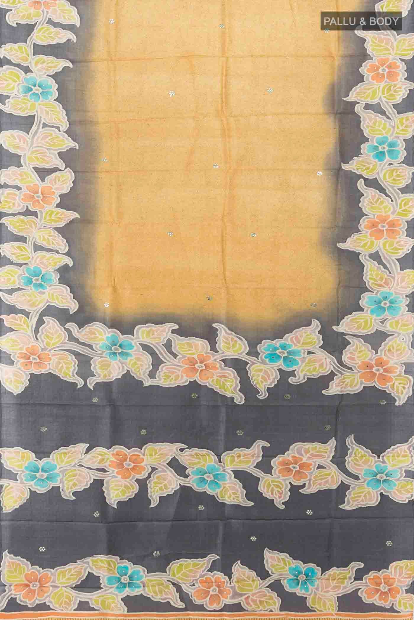 Flat view of Beige Tussar Silk Saree with Floral Print on the body and Silk Border