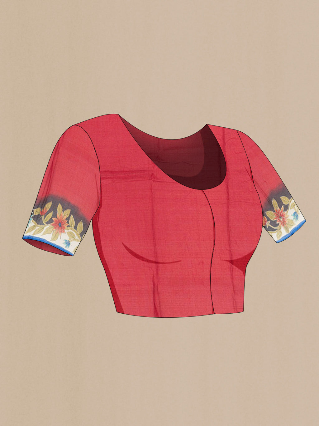 Close up image of the blouse of Peach Tussar Silk Saree with Floral Print on the body and Silk Border. 