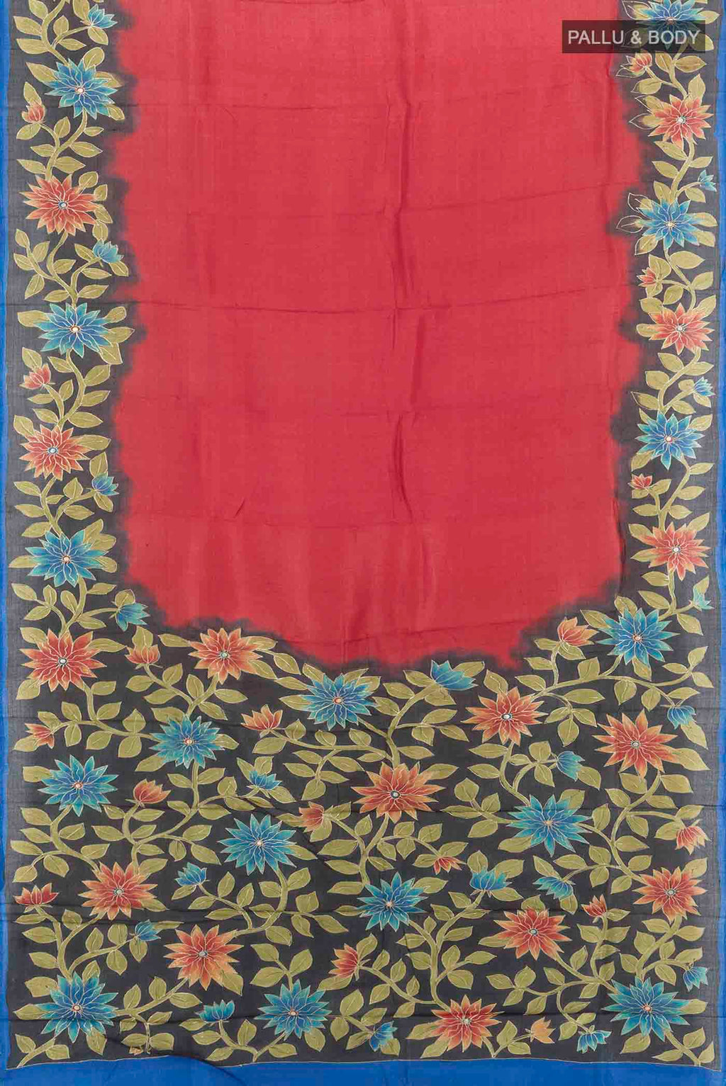 Flat view of Peach Tussar Silk Saree with Floral Print on the body and Silk Border. 